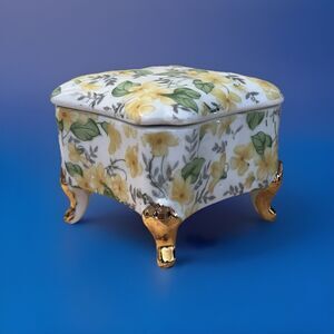 Vtg Japan Porcelain Lidded Small Trinket Box Yellow Flowers Gold Trim Footed
